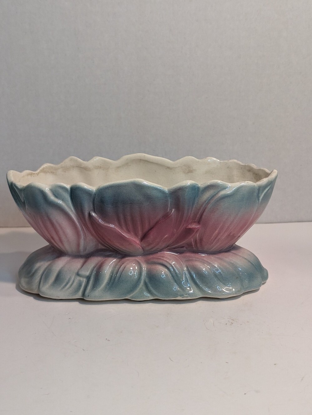 Vintage 1960's Royal Copley Ceramic Pink Blue Lotus Flower Planter
